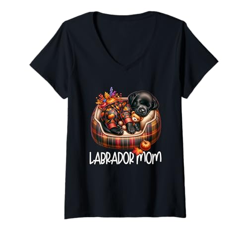 Damen Black Labrador Puppy Graphic for Women and Fall Labrador Mom T-Shirt mit V-Ausschnitt von Fall Labrador Gifts For Black Labrador Dog Lovers