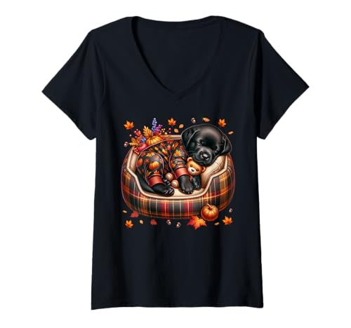 Damen Black Labrador Retriever Graphic for Fall and Labrador Lover T-Shirt mit V-Ausschnitt von Fall Labrador Gifts For Black Labrador Dog Lovers