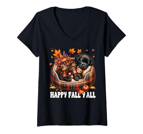 Damen Happy Fall Saying for Labrador Lover Black Labrador Graphic T-Shirt mit V-Ausschnitt von Fall Labrador Gifts For Black Labrador Dog Lovers