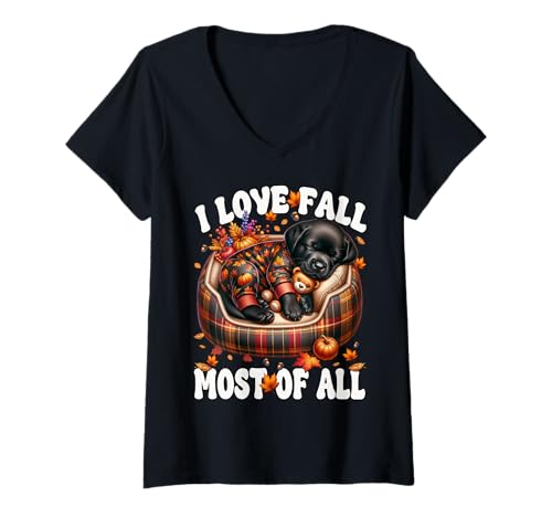 Damen I Love Fall Most of All Cute Sleeping Dog for Labrador Mom T-Shirt mit V-Ausschnitt von Fall Labrador Gifts For Black Labrador Dog Lovers