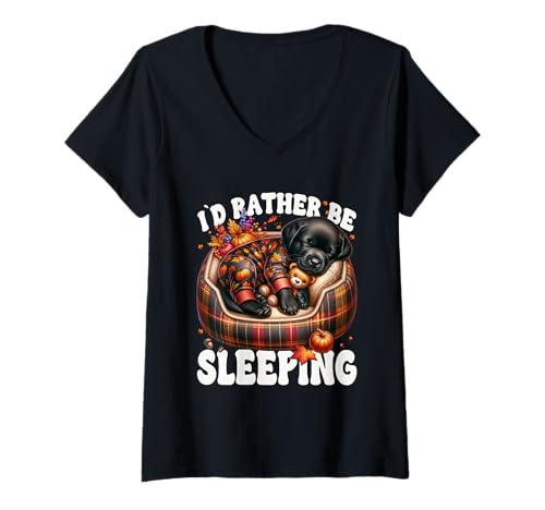 Damen Id Rather Be Sleeping Fall Saying for Women Cute Labrador T-Shirt mit V-Ausschnitt von Fall Labrador Gifts For Black Labrador Dog Lovers