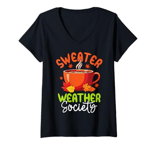 Damen Herbst - Sweater Weather Society T-Shirt mit V-Ausschnitt Damen Herbst - Sweater Weather Society T-Shirt mit V-Ausschnitt von Fall Mood Seasonal Apparel