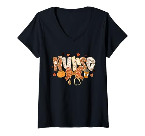 Damen Thankful Nurse Fall Thanksgiving Stethoscope T-Shirt mit V-Ausschnitt Damen Thankful Nurse Fall Thanksgiving Stethoscope T-Shirt mit V-Ausschnitt von Fall Nurse Thanksgiving Stethoscope Coquette Bow