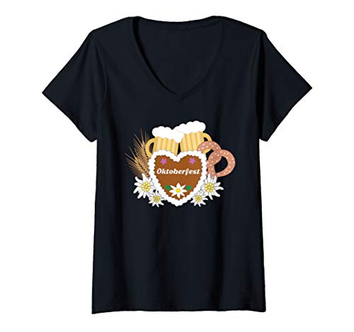 Damen Bier Brezel Lebkuchenherz Oktoberfest Deutschland Lustiges T-Shirt mit V-Ausschnitt Damen Bier Brezel Lebkuchenherz Oktoberfest Deutschland Lustiges T-Shirt mit V-Ausschnitt von Fall Oktoberfest Pretzel Beer Design