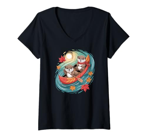 Damen Niedliches Otter-Paar im Herbst Fluss Herbst Kanu Szene T-Shirt mit V-Ausschnitt Damen Niedliches Otter-Paar im Herbst Fluss Herbst Kanu Szene T-Shirt mit V-Ausschnitt von Fall Otter Canoe Apparel Gifts By Anastasia