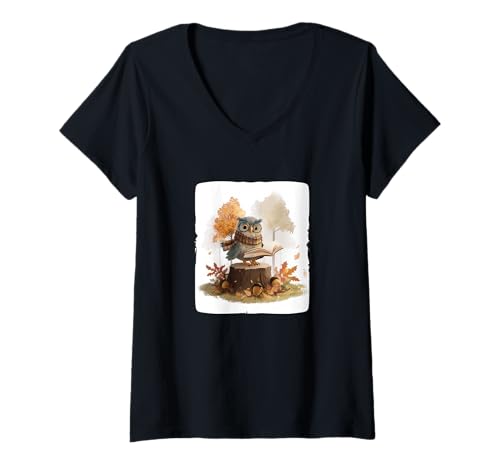 Damen Gemütliche Waldgrafik mit Eule und Herbstkostüm T-Shirt mit V-Ausschnitt von Fall Owl Outfit