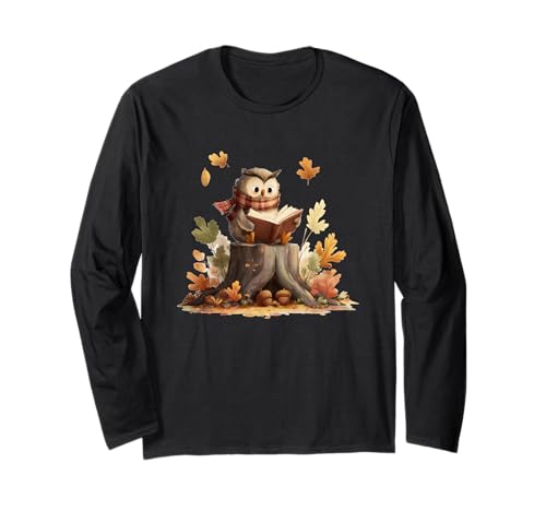 Kuschelige Eule mit Büchern und Wald für Erwachsene und Kinder Langarmshirt von Fall Owl Outfit