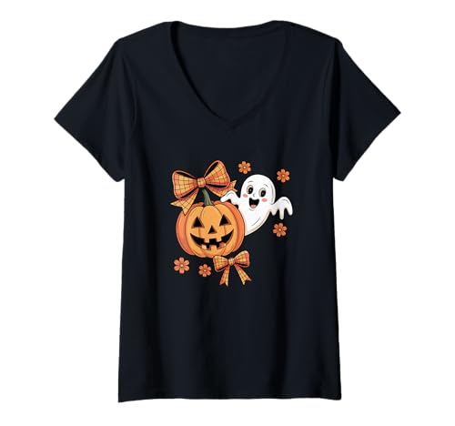 Damen Kinder Kokette Schleife Halloween Geist T-Shirt mit V-Ausschnitt Damen Kinder Kokette Schleife Halloween Geist T-Shirt mit V-Ausschnitt von Fall Pumpkin Season