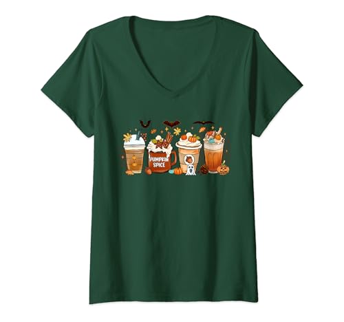 Damen Kürbis Gewürz Herbst Halloween Herbst Getränke T-Shirt mit V-Ausschnitt Damen Kürbis Gewürz Herbst Halloween Herbst Getränke T-Shirt mit V-Ausschnitt von Fall Pumpkin Spice Halloween Beverages Autumn