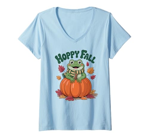 Damen Hoppy Herbst Frosch auf Kürbis Herbstblatt T-Shirt mit V-Ausschnitt Damen Hoppy Herbst Frosch auf Kürbis Herbstblatt T-Shirt mit V-Ausschnitt von Fall Pun Apparel Gifts By Anastasia