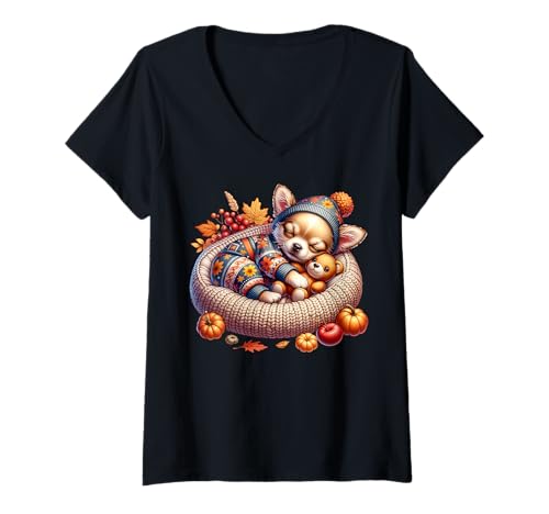 Damen Chihuahua Puppy for Chihuahua Mom Fall Vibes for Cozy Season T-Shirt mit V-Ausschnitt von Fall Puppy Chihuahua Gifts For Chihuahua Lovers
