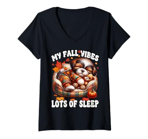 Damen Mai-Shi Dog Graphic Women Funny Fall Saying for Shih Tzu Mom T-Shirt mit V-Ausschnitt von Fall Puppy Mom And Shih Tzu Gifts For Dog Lovers