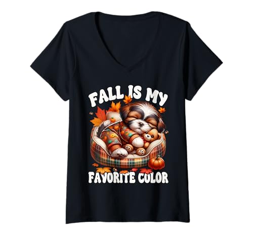 Damen Shih Tzu Accessories Fall is My Favorite Color with Mal-Shi T-Shirt mit V-Ausschnitt von Fall Puppy Mom And Shih Tzu Gifts For Dog Lovers