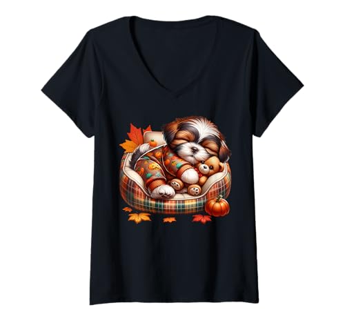 Damen Shih Tzu Dog Mom Graphic for Fall Women Cute Autumn Sleep T-Shirt mit V-Ausschnitt von Fall Puppy Mom And Shih Tzu Gifts For Dog Lovers