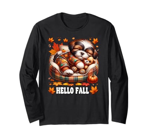 Shih Tzu Dog Mom Graphic for Fall Women Hello Fall Autumn Langarmshirt von Fall Puppy Mom And Shih Tzu Gifts For Dog Lovers