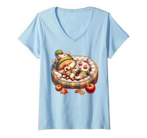 Damen Autumn Pomeranian Accessories for Pomeranian Owner for Fall T-Shirt mit V-Ausschnitt Damen Autumn Pomeranian Accessories for Pomeranian Owner for Fall T-Shirt mit V-Ausschnitt von Fall Puppy Pomeranian Gifts For Pomeranian Lovers