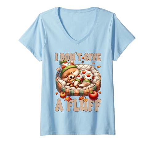 Damen Autumn Sleeping Dog for Fall I Dont Give A Fluff Pomeranian T-Shirt mit V-Ausschnitt Damen Autumn Sleeping Dog for Fall I Dont Give A Fluff Pomeranian T-Shirt mit V-Ausschnitt von Fall Puppy Pomeranian Gifts For Pomeranian Lovers