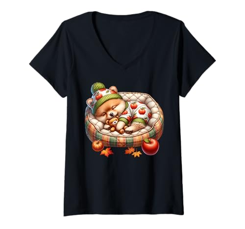 Damen Autumn Vibes Cozy Season Cute Pomeranian Stuff Fall Puppy T-Shirt mit V-Ausschnitt Damen Autumn Vibes Cozy Season Cute Pomeranian Stuff Fall Puppy T-Shirt mit V-Ausschnitt von Fall Puppy Pomeranian Gifts For Pomeranian Lovers