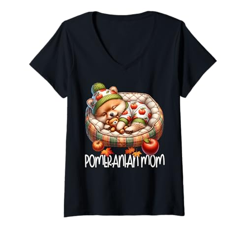 Damen Cozy Fall Pomeranian Mom Graphic for Women Cute Autumn Sleep T-Shirt mit V-Ausschnitt Damen Cozy Fall Pomeranian Mom Graphic for Women Cute Autumn Sleep T-Shirt mit V-Ausschnitt von Fall Puppy Pomeranian Gifts For Pomeranian Lovers