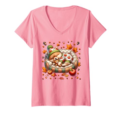 Damen Cute Pomeranian Stuff for Girls Pink Fall Autumn Aesthetic T-Shirt mit V-Ausschnitt Damen Cute Pomeranian Stuff for Girls Pink Fall Autumn Aesthetic T-Shirt mit V-Ausschnitt von Fall Puppy Pomeranian Gifts For Pomeranian Lovers