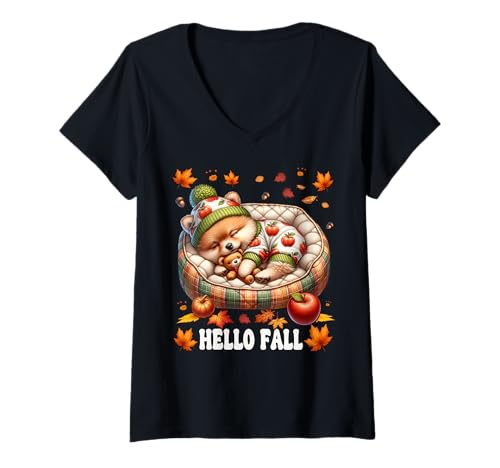 Damen Hello Fall Pomeranian Themed Graphic for Women Cute Pom Mom T-Shirt mit V-Ausschnitt Damen Hello Fall Pomeranian Themed Graphic for Women Cute Pom Mom T-Shirt mit V-Ausschnitt von Fall Puppy Pomeranian Gifts For Pomeranian Lovers