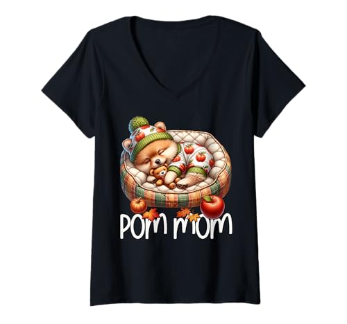 Damen Pomeranian Dog Graphic for Women Who Loves Fall Cute Pom Mom T-Shirt mit V-Ausschnitt Damen Pomeranian Dog Graphic for Women Who Loves Fall Cute Pom Mom T-Shirt mit V-Ausschnitt von Fall Puppy Pomeranian Gifts For Pomeranian Lovers