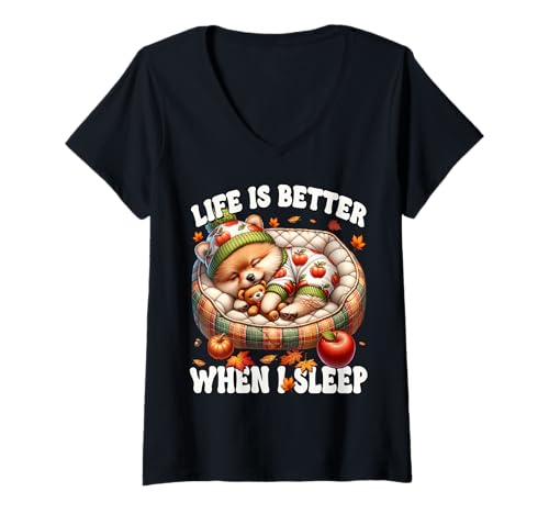 Damen Pomeranian Dog for Fall Women Like Pom Mom Cute Autumn Sleep T-Shirt mit V-Ausschnitt Damen Pomeranian Dog for Fall Women Like Pom Mom Cute Autumn Sleep T-Shirt mit V-Ausschnitt von Fall Puppy Pomeranian Gifts For Pomeranian Lovers