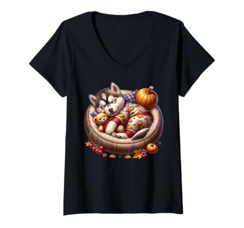 Damen Cute Husky Fall Decor Autumn Vibes for Cozy Season Husky Mom T-Shirt mit V-Ausschnitt Damen Cute Husky Fall Decor Autumn Vibes for Cozy Season Husky Mom T-Shirt mit V-Ausschnitt von Fall Puppy Siberian Husky Gifts For Fall Lovers