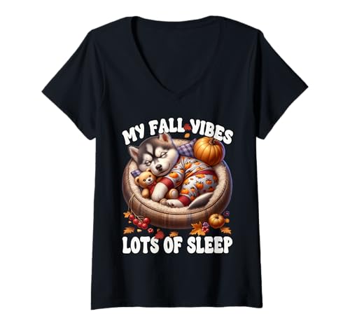 Damen Funny Fall Saying for Husky Dad and Husky Mom Autumn Sleep T-Shirt mit V-Ausschnitt Damen Funny Fall Saying for Husky Dad and Husky Mom Autumn Sleep T-Shirt mit V-Ausschnitt von Fall Puppy Siberian Husky Gifts For Fall Lovers