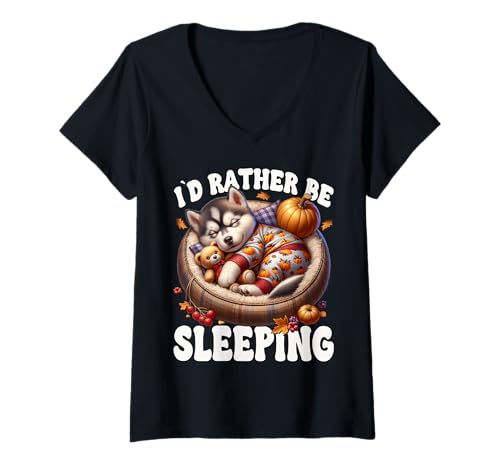 Damen Husky Fall Decor for Husky Owner Id Rather Be Sleeping T-Shirt mit V-Ausschnitt Damen Husky Fall Decor for Husky Owner Id Rather Be Sleeping T-Shirt mit V-Ausschnitt von Fall Puppy Siberian Husky Gifts For Fall Lovers