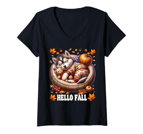Damen Husky Owner Must Haves Hello Fall Decor for Husky Lover T-Shirt mit V-Ausschnitt Damen Husky Owner Must Haves Hello Fall Decor for Husky Lover T-Shirt mit V-Ausschnitt von Fall Puppy Siberian Husky Gifts For Fall Lovers