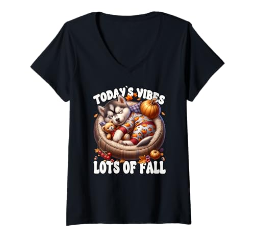 Damen Siberian Husky Fall Vibes for Autumn Lover Husky Dog Mom T-Shirt mit V-Ausschnitt Damen Siberian Husky Fall Vibes for Autumn Lover Husky Dog Mom T-Shirt mit V-Ausschnitt von Fall Puppy Siberian Husky Gifts For Fall Lovers