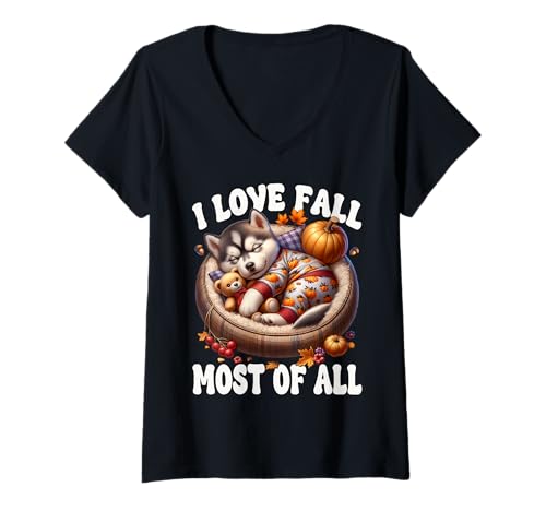 Damen Siberian Husky Puppy I Love Fall Most of All for Husky Lover T-Shirt mit V-Ausschnitt Damen Siberian Husky Puppy I Love Fall Most of All for Husky Lover T-Shirt mit V-Ausschnitt von Fall Puppy Siberian Husky Gifts For Fall Lovers