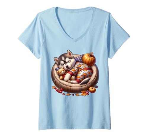 Damen Unique Husky Dog Owner Must Haves for Husky Lovers Cute Fall T-Shirt mit V-Ausschnitt Damen Unique Husky Dog Owner Must Haves for Husky Lovers Cute Fall T-Shirt mit V-Ausschnitt von Fall Puppy Siberian Husky Gifts For Fall Lovers