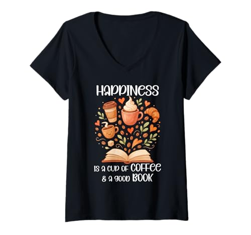 Damen Happiness Cup of Coffee and a Good Book Brown Fall Reading T-Shirt mit V-Ausschnitt von Fall Reading Books & Coffee Shirt Women Book Lover