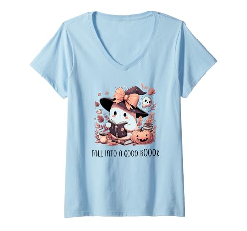 Damen Fall Into a Good Book Cute Ghost Reading Lovers Books Coffee T-Shirt mit V-Ausschnitt Damen Fall Into a Good Book Cute Ghost Reading Lovers Books Coffee T-Shirt mit V-Ausschnitt von Fall Reading Shirts,Books Ghost Book Lover TShirts