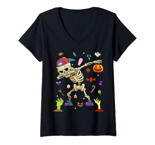 Damen Men Women Kids Dabbing Skeleton Pumpkin Spooky Halloween T-Shirt mit V-Ausschnitt Damen Men Women Kids Dabbing Skeleton Pumpkin Spooky Halloween T-Shirt mit V-Ausschnitt von Fall Season Autumn Halloween Costume Vampire Candy