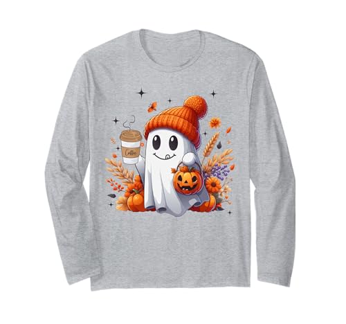 Men Women Autumn Cute Ghost Drinking Coffee Halloween Spooky Langarmshirt von Fall Season Costume Ghost Drinking Ice Coffee Love