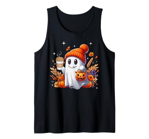 Men Women Autumn Cute Ghost Drinking Coffee Spooky Halloween Tank Top von Fall Season Costume Ghost Drinking Ice Coffee Love