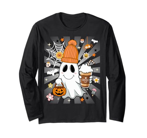 Men Women Autumn Cute Spooky Ghost Drinking Coffee Halloween Langarmshirt von Fall Season Costume Ghost Drinking Ice Coffee Love