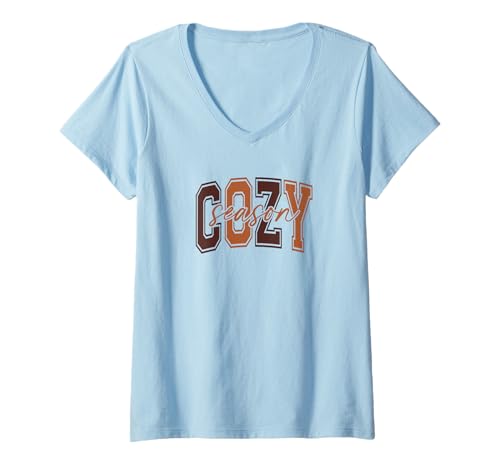 Damen Cozy Season, stilvoller herbstinspirierter Schriftzug in Erdtönen T-Shirt mit V-Ausschnitt Damen Cozy Season, stilvoller herbstinspirierter Schriftzug in Erdtönen T-Shirt mit V-Ausschnitt von Fall Season - Fall into Autumn