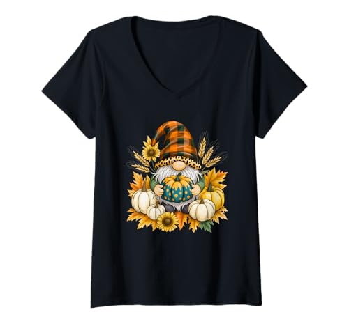 Damen Niedlicher Herbst-Zwerg Herbst Kürbis Design Geschenk Männer Frauen Kinder T-Shirt mit V-Ausschnitt von Fall Season Thanksgiving Spooky Halloween Graphics