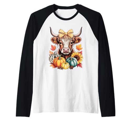 Süßes Hochlandkuh Herbstsaison Kürbis Design Geschenk Männer Frauen Raglan von Fall Season Thanksgiving Spooky Halloween Graphics