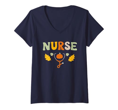 Damen Thanksgiving Krankenschwester Gesundheit Arbeiter Stethoskop Frauen Herbst T-Shirt mit V-Ausschnitt Damen Thanksgiving Krankenschwester Gesundheit Arbeiter Stethoskop Frauen Herbst T-Shirt mit V-Ausschnitt von Fall Thankful Nurse RN ICU ER Thanksgiving Shirt
