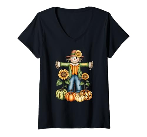 Damen Lustige Vogelscheuche Herbstsaison Herbst Geschenk für Männer Frauen Kinder T-Shirt mit V-Ausschnitt von Fall Thanksgiving Spooky Halloween Graphic Design