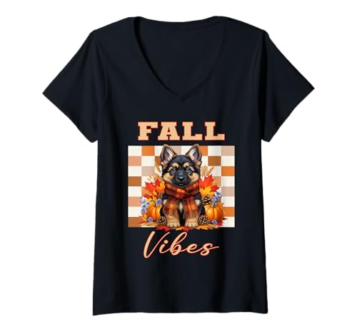 Damen Fall Vibes Trendy Vintage Herbst Retro Adorable Puppy T-Shirt mit V-Ausschnitt Damen Fall Vibes Trendy Vintage Herbst Retro Adorable Puppy T-Shirt mit V-Ausschnitt von Fall Vibes Adorable Puppy Sapphire Star