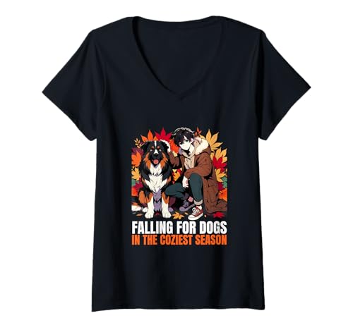 Damen Autumn Dog Dad Anime, der Sich in der gemütlichsten Jahreszeit in Hunde verliebt T-Shirt mit V-Ausschnitt von Fall Vibes Autumn Season Dog Lover