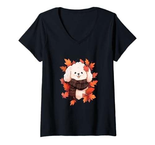 Damen Bichon Frisé Hund Herbst Blätter Thanksgiving T-Shirt mit V-Ausschnitt Damen Bichon Frisé Hund Herbst Blätter Thanksgiving T-Shirt mit V-Ausschnitt von Fall Vibes Autumn Season Dog Lover