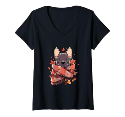 Damen Französische Bulldogge Herbstblätter Thanksgiving Frenchie Hund T-Shirt mit V-Ausschnitt Damen Französische Bulldogge Herbstblätter Thanksgiving Frenchie Hund T-Shirt mit V-Ausschnitt von Fall Vibes Autumn Season Dog Lover