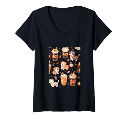 Damen Hund Welpen Kürbis Gewürz Latte Herbst Muster Thanksgiving T-Shirt mit V-Ausschnitt Damen Hund Welpen Kürbis Gewürz Latte Herbst Muster Thanksgiving T-Shirt mit V-Ausschnitt von Fall Vibes Autumn Season Dog Lover